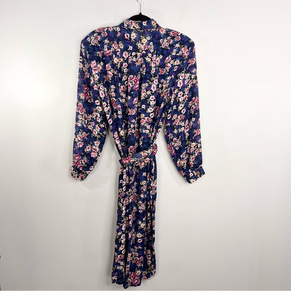 Vintage 80s blue floral chiffon sheer blouson belted long sleeve midi dress - Picture 7 of 17
